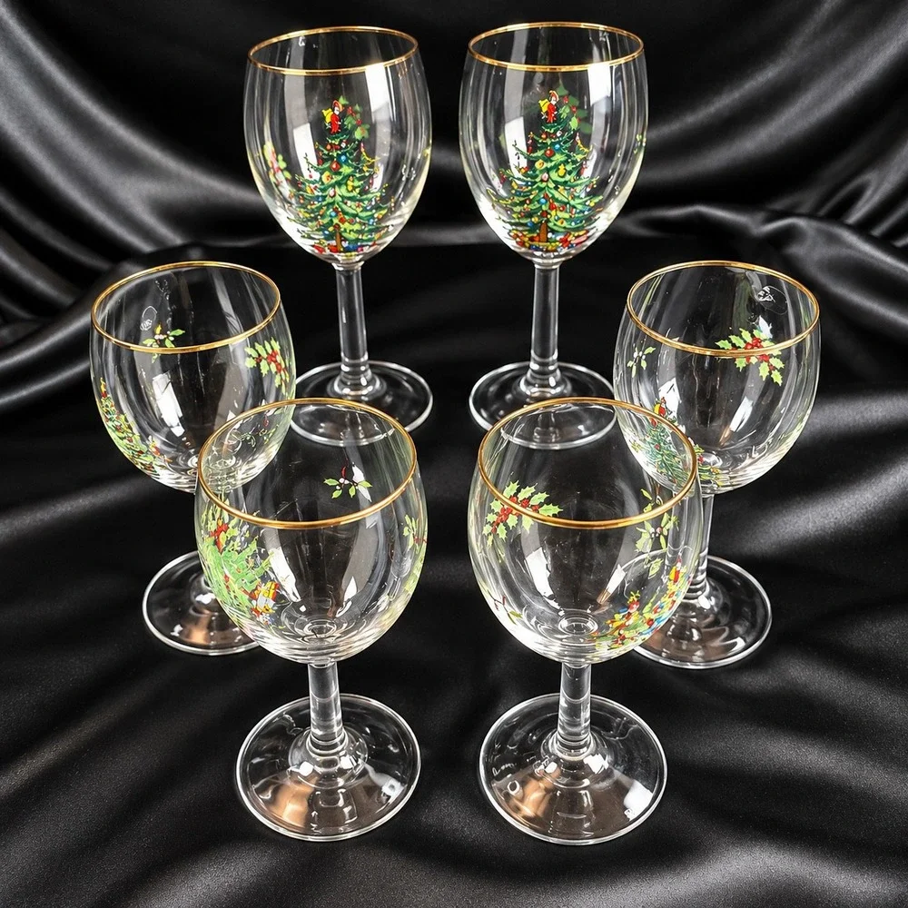 Spode Christmas Tree Wine Glasses Gold Trim Set of 6 Holiday Stemware 7.25in